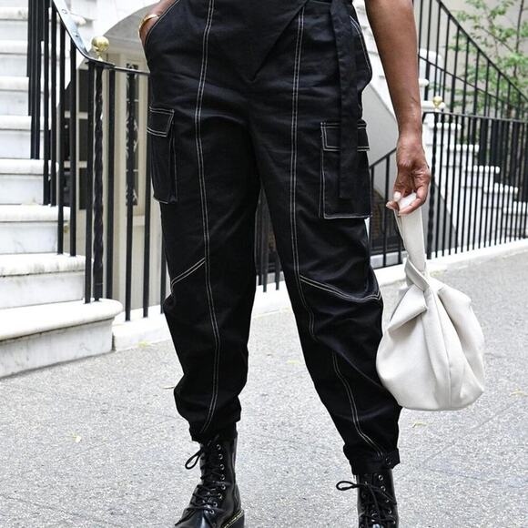 The Drop Black Cargo Pants w/ Contrast Stitching & Built-In Belt - Picture 2 of 8